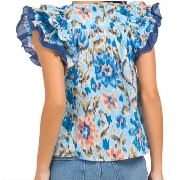 House of Harlow 1960 Zoey Blue Abstract Floral Print Ruffle Sleeve Top Small - Picture 6 of 11